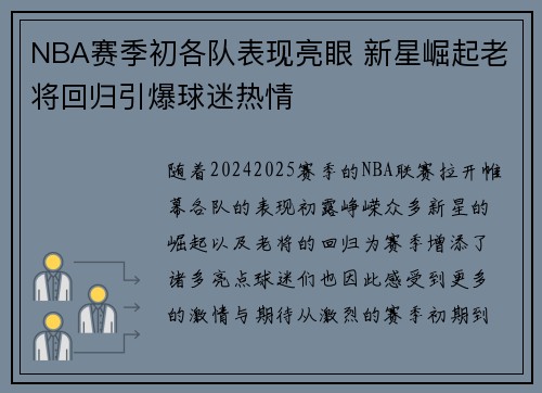 NBA赛季初各队表现亮眼 新星崛起老将回归引爆球迷热情